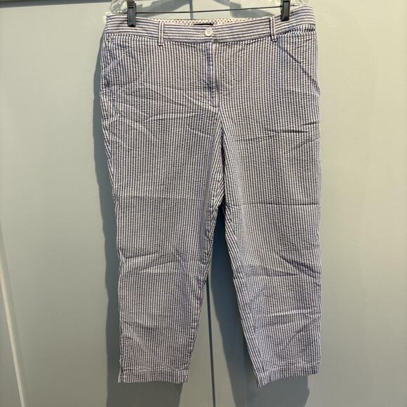 Talbots Pants Womens 12 Blue White Perfect Crop Seersucker Striped Ankle Capri - Picture 2 of 15